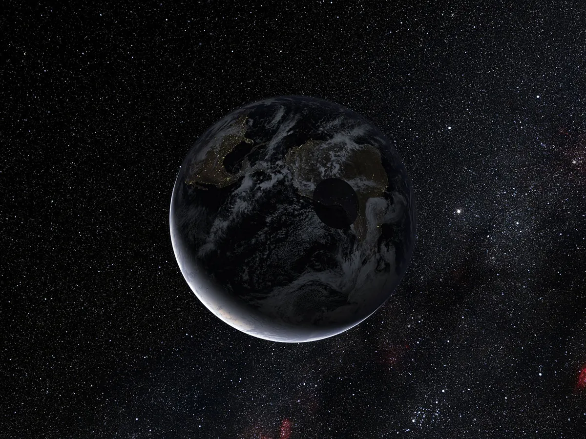 In this artistic representation, we can observe the shadow cast by the dwarf planet Eris as it passed in front of the Earth during the occultation event in November 2010. Along the trajectory of this event, areas experienced a momentary disappearance of a dim star as Eris obstructed its light.
