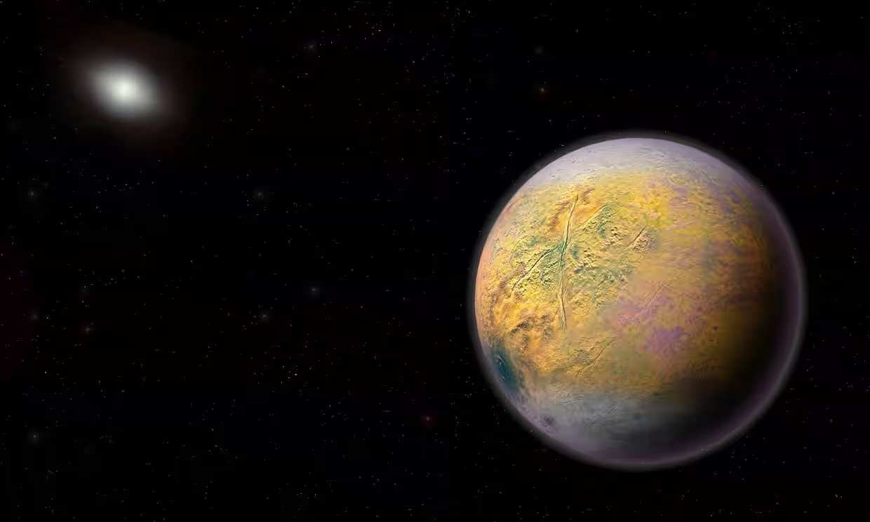 This depiction of the dwarf planet Goblin is credited to Roberto Molar Candanosa and Scott Sheppard. It seems that the dwarf planet is subject to the gravitational pull of a substantial, unseen celestial body, which might potentially be a conjectured massive planet known as Planet Nine.